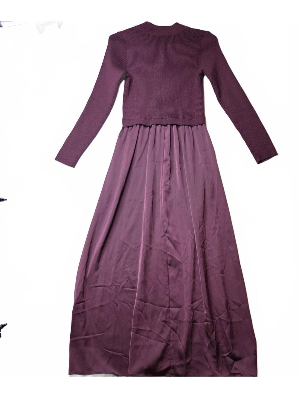 • Taylor NWT Twofer Satin Skirt Sweater Dress Plum Purple Maxi Size Med Pockets